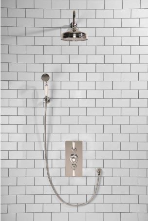 Calder Dual Outlet Shower Kit - Concealed Valve - 8 or 6 inch Rose - White Ceramic Lever - Handshower Hook