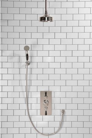 Calder Dual Outlet Shower Kit - Concealed Valve - 6 inch Rose - Black Ceramic Lever - Handshower Hook - Ceiling Mounted Rose - Chrome Finish