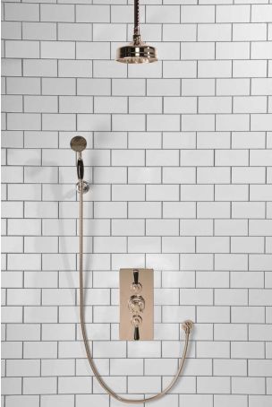 Calder Dual Outlet Shower Kit - Concealed Valve - 6 inch Rose - Black Ceramic Lever - Handshower Hook - Ceiling Mounted Rose - Polished Nickel
