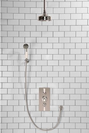 Calder Dual Outlet Shower Kit - Concealed Valve - 6 inch Rose - White Ceramic Lever - Handshower Hook - Ceiling Mounted Rose - Chrome Finish