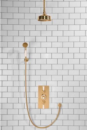 Calder Dual Outlet Shower Kit - Concealed Valve - 6 inch Rose - White Ceramic Lever - Handshower Hook - Ceiling Mounted Rose - Polished Brass