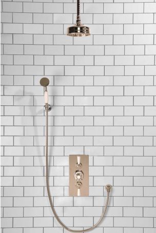 Calder Dual Outlet Shower Kit - Concealed Valve - 6 inch Rose - White Ceramic Lever - Handshower Hook - Ceiling Mounted Rose - Polished Nickel