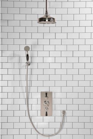 Calder Dual Outlet Shower Kit - Concealed Valve - 8 inch Rose - Black Ceramic Lever - Handshower Hook - Ceiling Mounted Rose - Chrome Finish