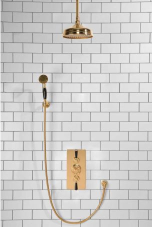 Calder Dual Outlet Shower Kit - Concealed Valve - 8 inch Rose - Black Ceramic Lever - Handshower Hook - Ceiling Mounted Rose - Polished Brass