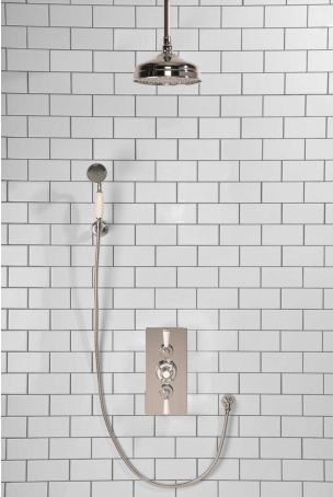 Calder Dual Outlet Shower Kit - Concealed Valve - 8 inch Rose - White Ceramic Lever - Handshower Hook - Ceiling Mounted Rose - Chrome Finish