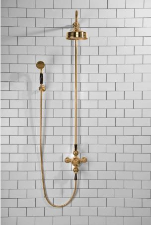 Calder Dual Outlet Shower Kit - Exposed Valve - 6 inch Rose - Black Ceramic Lever - Handshower Hook - Polished Brass