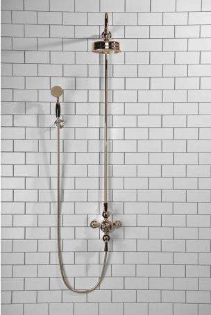 Calder Dual Outlet Shower Kit - Exposed Valve - 6 inch Rose - Black Ceramic Lever - Handshower Hook - Polished Nickel