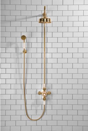 Calder Dual Outlet Shower Kit - Exposed Valve - 6 inch Rose - White Ceramic Lever - Handshower Hook - Polished Brass