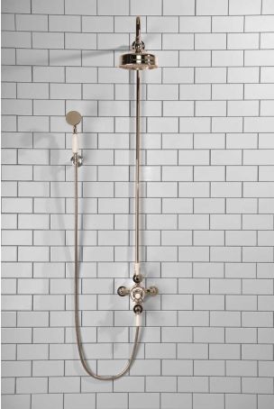 Calder Dual Outlet Shower Kit - Exposed Valve - 6 inch Rose - White Ceramic Lever - Handshower Hook - Polished Nickel