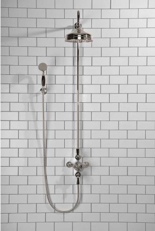 Calder Dual Outlet Shower Kit - Exposed Valve - 8 inch Rose - Black Ceramic Lever - Handshower Hook - Chrome Finish