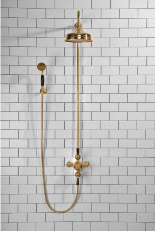 Calder Dual Outlet Shower Kit - Exposed Valve - 8 inch Rose - Black Ceramic Lever - Handshower Hook - Polished Brass