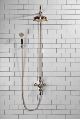 Calder Dual Outlet Shower Kit - Exposed Valve - 8 inch Rose - Black Ceramic Lever - Handshower Hook - Polished Nickel