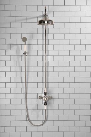 Calder Dual Outlet Shower Kit - Exposed Valve - 8 inch Rose - White Ceramic Lever - Handshower Hook - Chrome Finish