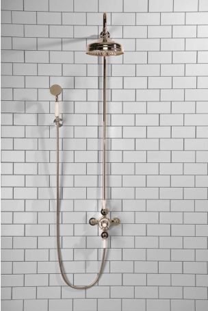 Calder Dual Outlet Shower Kit - Exposed Valve - 8 inch Rose - White Ceramic Lever - Handshower Hook - Polished Nickel