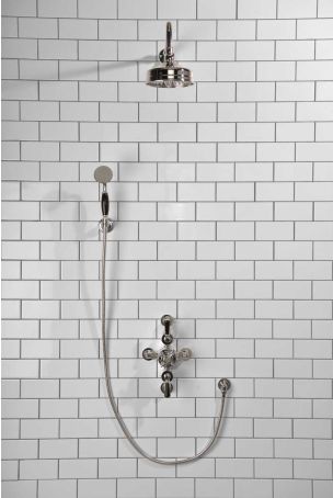 Calder Dual Outlet Shower Kit - Semi-Exposed Valve - 6 inch Rose - Black Ceramic Lever - Handshower Hook - Chrome Finish