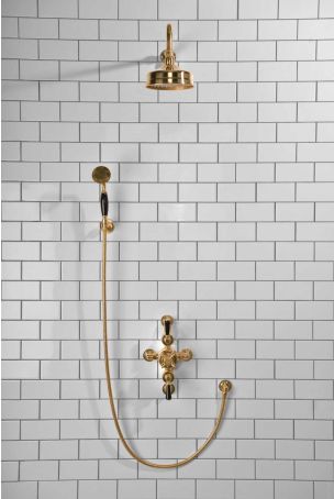 Calder Dual Outlet Shower Kit - Semi-Exposed Valve - 6 inch Rose - Black Ceramic Lever - Handshower Hook - Polished Brass