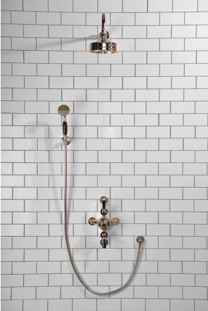 Calder Dual Outlet Shower Kit - Semi-Exposed Valve - 6 inch Rose - Black Ceramic Lever - Handshower Hook - Polished Nickel