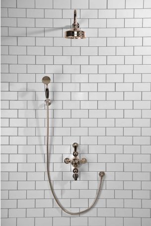 Calder Dual Outlet Shower Kit - Semi-Exposed Valve - 6 inch Rose - Black Ceramic Lever - Handshower Hook - Polished Nickel