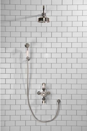 Calder Dual Outlet Shower Kit - Semi-Exposed Valve - 6 inch Rose - White Ceramic Lever - Handshower Hook - Chrome Finish