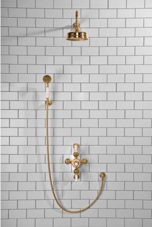 Calder Dual Outlet Shower Kit - Semi-Exposed Valve - 6 inch Rose - White Ceramic Lever - Handshower Hook - Polished Brass