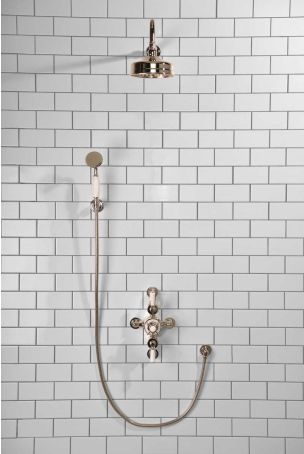 Calder Dual Outlet Shower Kit - Semi-Exposed Valve - 6 inch Rose - White Ceramic Lever - Handshower Hook - Polished Nickel