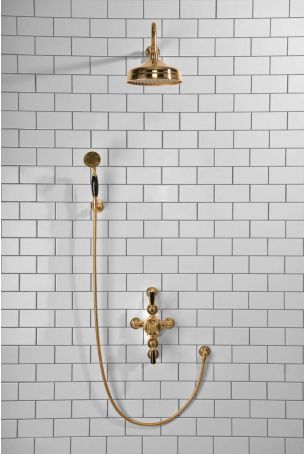 Calder Dual Outlet Shower Kit - Semi-Exposed Valve - 8 inch Rose - Black Ceramic Lever - Handshower Hook - Polished Brass