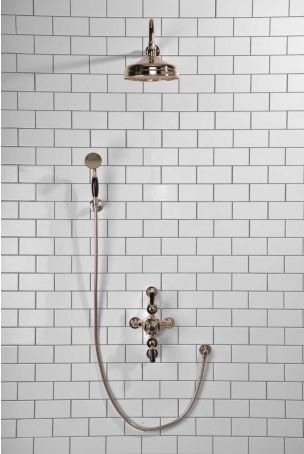 Calder Dual Outlet Shower Kit - Semi-Exposed Valve - 8 inch Rose - Black Ceramic Lever - Handshower Hook - Polished Nickel