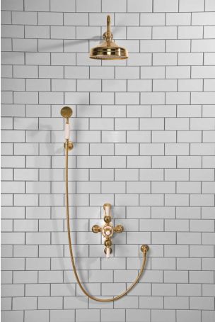 Calder Dual Outlet Shower Kit - Semi-Exposed Valve - 8 inch Rose - White Ceramic Lever - Handshower Hook - Polished Brass