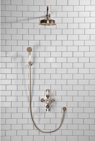 Calder Dual Outlet Shower Kit - Semi-Exposed Valve - 8 inch Rose - White Ceramic Lever - Handshower Hook - Polished Nickel