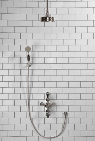 Calder Dual Outlet Shower Kit - Semi-Exposed Valve - 6 inch Rose - Black Ceramic Lever - Handshower Hook - Ceiling Mounted Rose - Chrome Finish