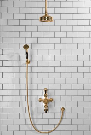 Calder Dual Outlet Shower Kit - Semi-Exposed Valve - 6 inch Rose - Black Ceramic Lever - Handshower Hook - Ceiling Mounted Rose - Polished Brass