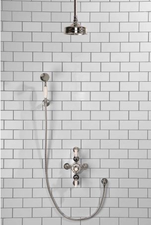 Calder Dual Outlet Shower Kit - Semi-Exposed Valve - 6 inch Rose - White Ceramic Lever - Handshower Hook - Ceiling Mounted Rose - Chrome Finish