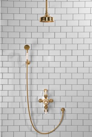 Calder Dual Outlet Shower Kit - Semi-Exposed Valve - 6 inch Rose - White Ceramic Lever - Handshower Hook - Ceiling Mounted Rose - Polished Brass