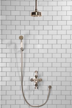 Calder Dual Outlet Shower Kit - Semi-Exposed Valve - 6 inch Rose - White Ceramic Lever - Handshower Hook - Ceiling Mounted Rose - Polished Nickel