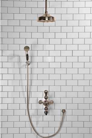 Calder Dual Outlet Shower Kit - Semi-Exposed Valve - 8 inch Rose - Black Ceramic Lever - Handshower Hook - Ceiling Mounted Rose - Polished Nickel