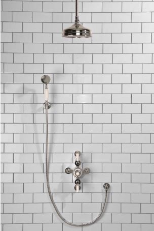 Calder Dual Outlet Shower Kit - Semi-Exposed Valve - 8 inch Rose - White Ceramic Lever - Handshower Hook - Ceiling Mounted Rose - Chrome Finish