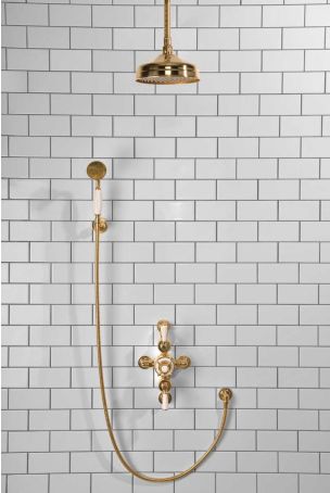 Calder Dual Outlet Shower Kit - Semi-Exposed Valve - 8 inch Rose - White Ceramic Lever - Handshower Hook - Ceiling Mounted Rose - Polished Brass