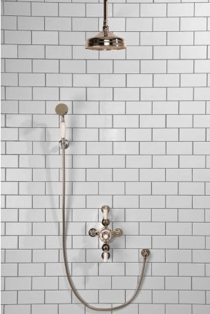 Calder Dual Outlet Shower Kit - Semi-Exposed Valve - 8 inch Rose - White Ceramic Lever - Handshower Hook - Ceiling Mounted Rose - Polished Nickel