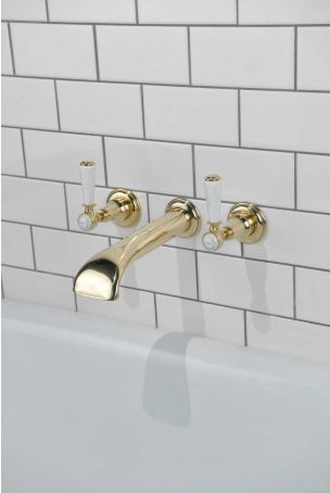Linton Bath Filler Tap Wall Mounted White Lever Gold 3/4BSP
