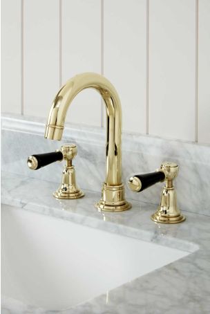 Linton 3 Hole Basin Mixer - Swan Neck Spout - Black Lever - Gold Finish
