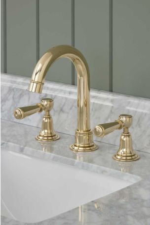 Linton 3 Hole Basin Mixer - Swan Neck Spout - Metal Lever - Gold Finish