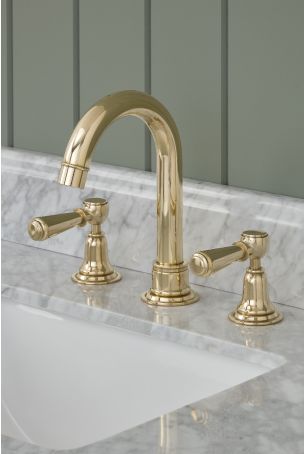 Linton 3 Hole Basin Mixer - Swan Neck Spout - Metal Lever - Polished Brass Finish