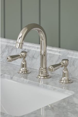 Linton 3 Hole Basin Mixer - Swan Neck Spout - Metal Lever - Polished Nickel Finish