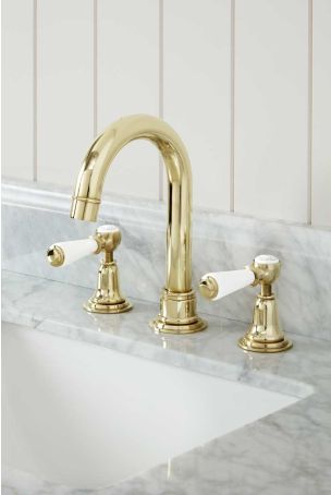 Linton 3 Hole Basin Mixer - Swan Neck Spout - White Lever - Gold Finish
