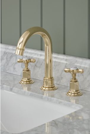 Aysgarth 3 Hole Basin Mixer - Swan Neck Spout - Crosshead - Polished Brass Finish