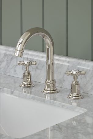 Aysgarth 3 Hole Basin Mixer - Swan Neck Spout - Crosshead - Polished Nickel Finish