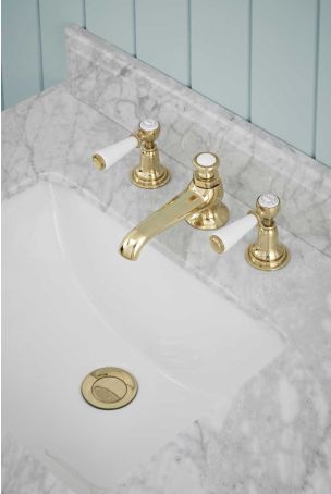 Linton White Lever 3 Hole Basin Mixer C/W Pop Up Waste Gold