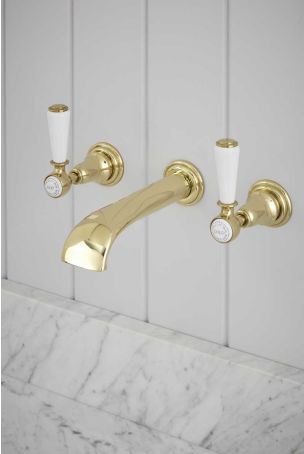 Linton - 3-Hole Basin Mixer - Wall Mounted - White Lever - Brass