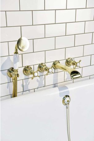 Aysgarth 5-Hole - Wall Mounted - Bath Shower Mixer - X Top - Gold