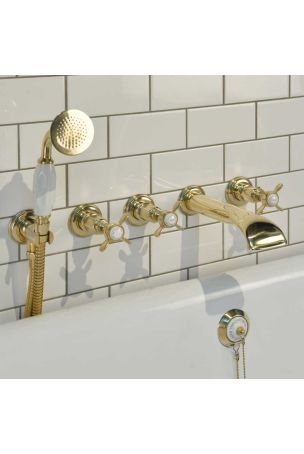 Aysgarth 5-Hole - Wall Mounted - Bath Shower Mixer - X Top - Polished Brass